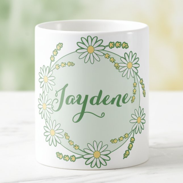 Caneca Mágica Amarelo Pastel Verde Customizado Daisy (Daisies in green and yellow with place to customize the name. Hand drawn for your pleasure.)