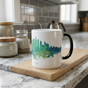 Caneca Mágica Aquarela da Silhueta de Chicago Azul Verde Arte Ur