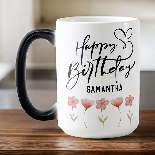 Caneca Mágica Aquecida Floral Girl Happy Birthday (Birthday gift for her, birthday gift for girl, birthday gift for mom, birthday gift for women)