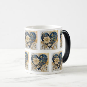 Caneca Mágica Arte do Coração Azul e Dourado Flor Boho