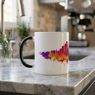 Caneca Mágica Arte em Aquarela da Silhueta de Chicago em Fundo B