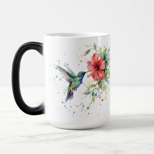 Caneca Mágica Arte Floral Colorida de Beija-flor em Aquarela da 