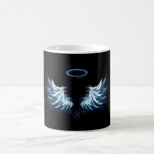 Caneca Mágica Asas Anjos Azuis Brilhantes em fundo preto