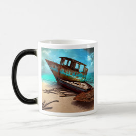 Caneca Mágica Barcos Rusty Desertados descansando em uma praia a