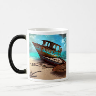 Caneca Mágica Barcos Rusty Desertados descansando em uma praia a