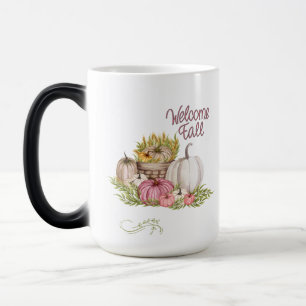 Caneca Mágica Bem-vindos Pumpkins Branco Rosa Queda Outono outon