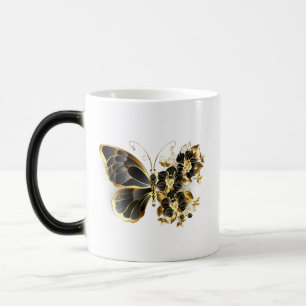 Caneca Mágica Borboleta Flor Dourada com Orquídea Preta