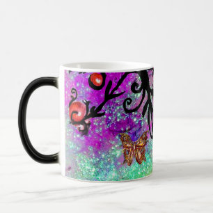 CANECA MÁGICA BORBOLETA ROXOS BRILHOS, MONOGRAMA FLORAL PRETA,
