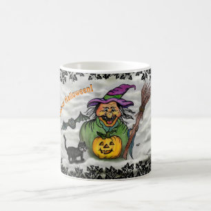 Caneca Mágica Bruxa, Gato, Bat e Pumpkin, Feliz Halloween!
