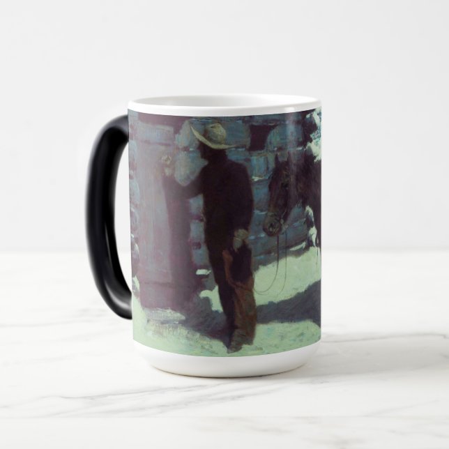 Caneca Mágica Cavalo e vaqueiro de inverno neve (Frente Esquerda)