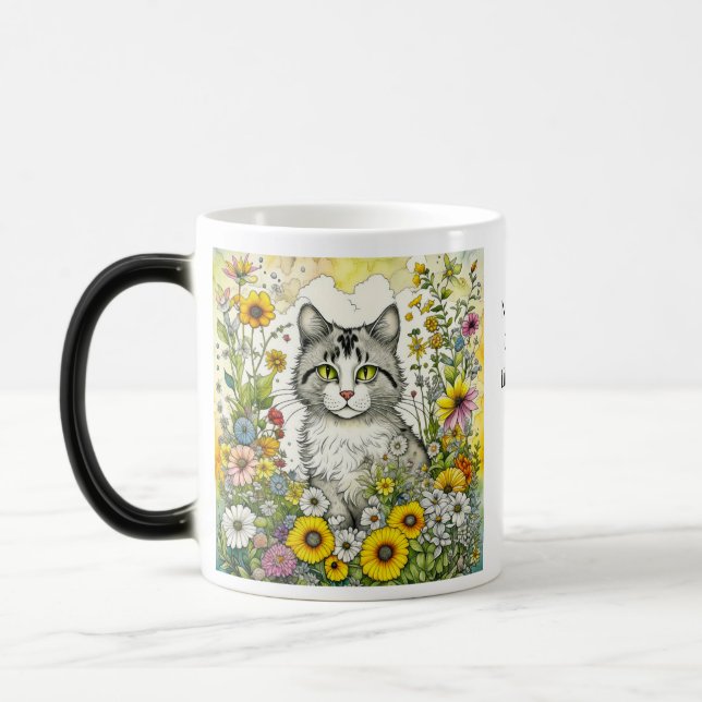 Caneca Mágica Cinzas e Gatinhos Brancos Sentados em Flores (Esquerda)