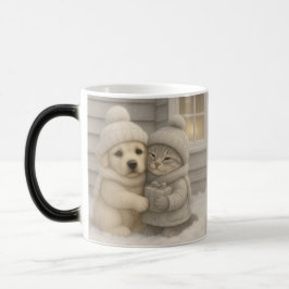 Caneca Mágica Cozy Winter Mug with Puppy and Kitten Illustration