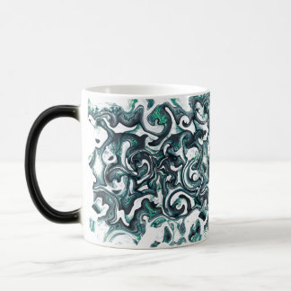 Caneca Mágica Cristal líquido e turbilhões pretos de turquesa em