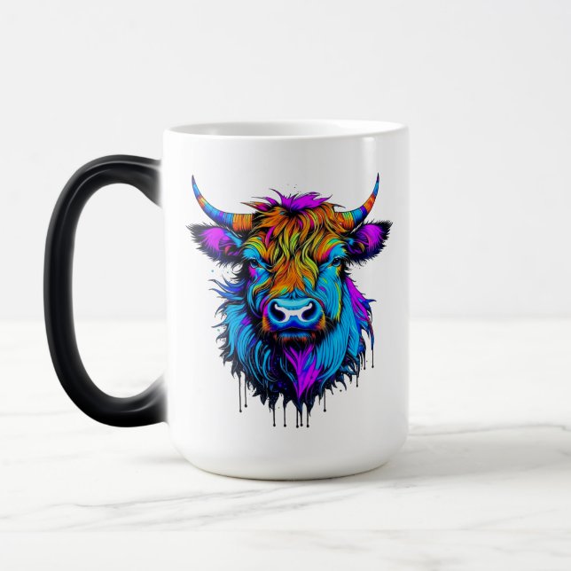 Caneca Mágica Cyberpunk Colorful Ai Highland Cow (Esquerda)