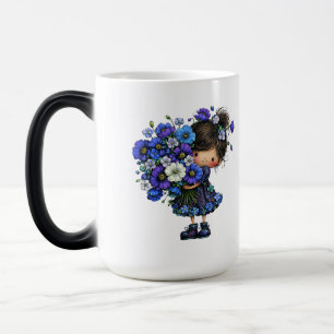 Caneca Mágica Desenho Artístico de Buquê de Menina Floral Azul F