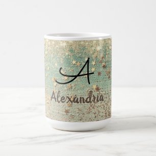 Caneca Mágica Estrelas Douradas do Monograma em Verde Mar