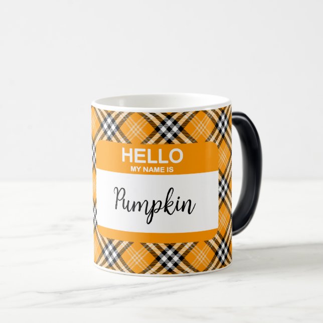 Caneca Mágica Fall Tartan Xadrez Hello Meu nome é Pumpkin Orange (Frente Esquerda)