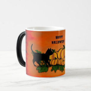Caneca Mágica Feliz Dia das Bruxas, Gato Negro, Bat e Abóbora