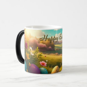 Caneca Mágica Feliz Páscoa em uma Paisagem de Primavera
