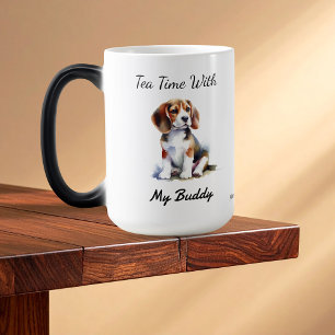 Caneca Mágica Filhote de Beagle Aquarela Marrom Personalizar