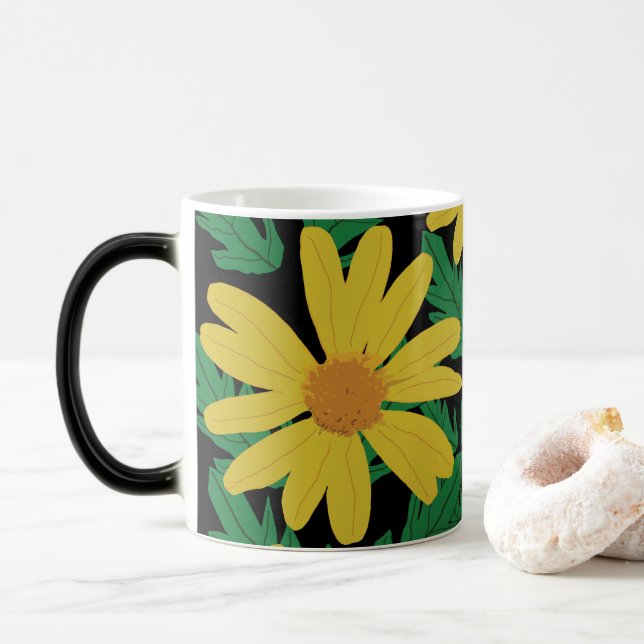 Caneca Mágica Flores amarelas margaridas com folhas verdes canec (Com Donut)