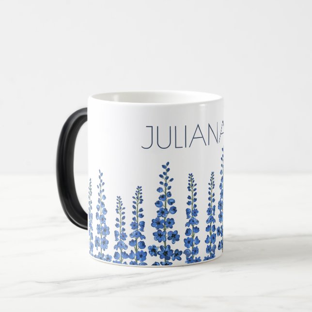Caneca Mágica Flores Azuis Delfinium de julho (Frente Esquerda)