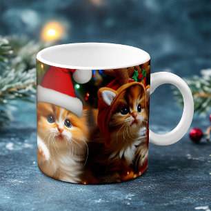 Caneca Mágica Gatinhos bonitos com Papai Noel e chapéus de rena 