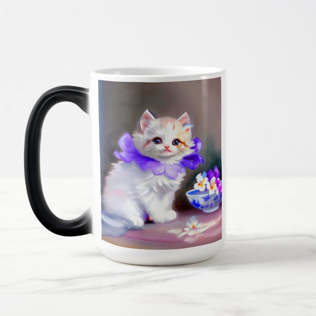 Caneca Mágica Gato branco com pintura de colarinho de flores rox (Esquerda)