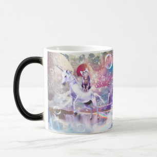 Caneca Mágica Gato de galáxia arco-íris cavalgando unicórnio no 