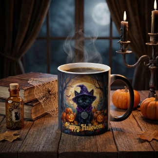 Caneca Mágica Gato Preto Whimsigoth Rune Algiz Magia de Hallowee