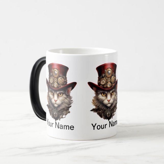Caneca Mágica Gato Steampunk com chapéu vermelho (Frente Esquerda)