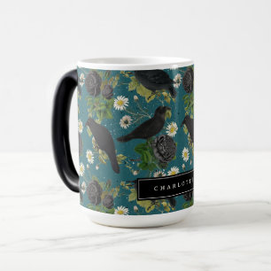 Caneca Mágica Gótico Coroa e Rosas Pretos Padrão Teal Profundo