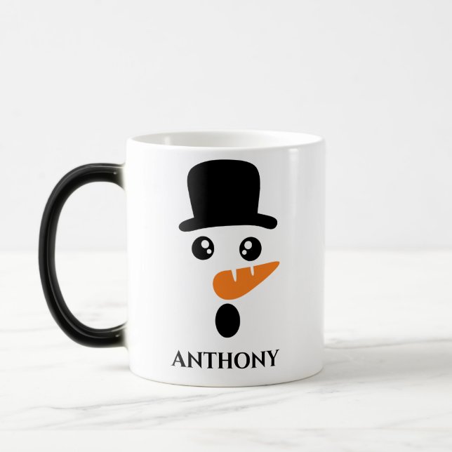 Caneca Mágica Homem de neve personalizado de natal com boné. (Esquerda)