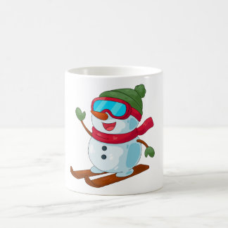 Caneca Mágica Ilustração de Boneco de Neve Esquiando Fofo