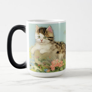 Caneca Mágica Ilustração de Gato Vintage com Flores Rosa