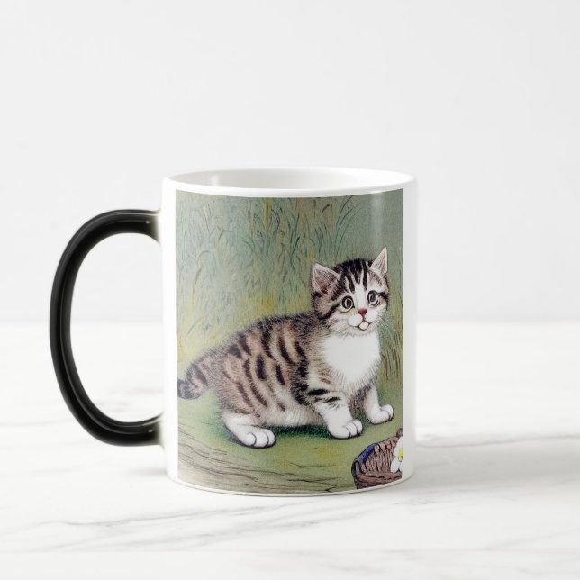 Caneca Mágica Ilustração de Kitten com Striped Vintage (Esquerda)