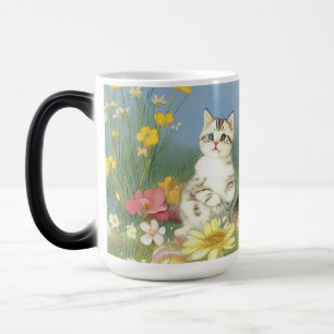 Caneca Mágica Ilustração Vintage Kitten com Flores Amarelas