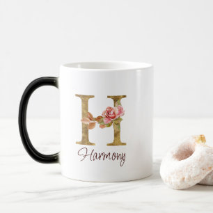 Caneca Mágica Letra Personalizada H Folha Dourada Rosas Rosa Pál