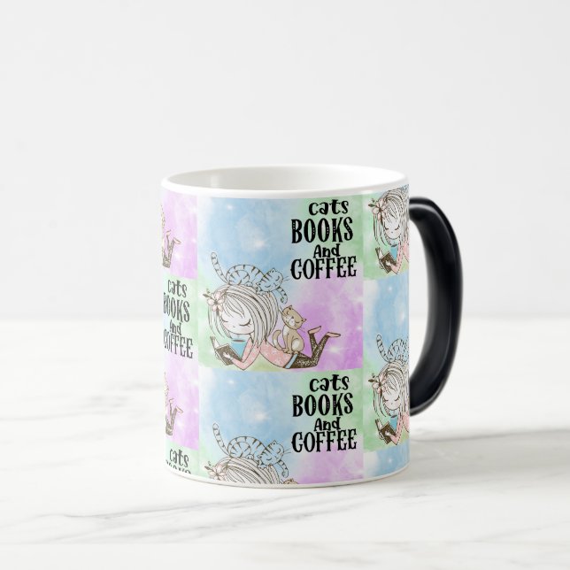 Caneca Mágica Livros de Leitura de Gato Bonito com Café (Frente Esquerda)