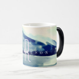Caneca Mágica Marinho de Aquarela Moderna Monograma Azul Montanh