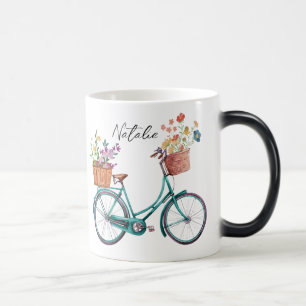 Caneca Mágica Monograma com flor de aquarela em bicicleta Presen