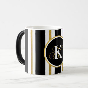 Caneca Mágica Monograma Personalizado de Stripes Negras e Dourad