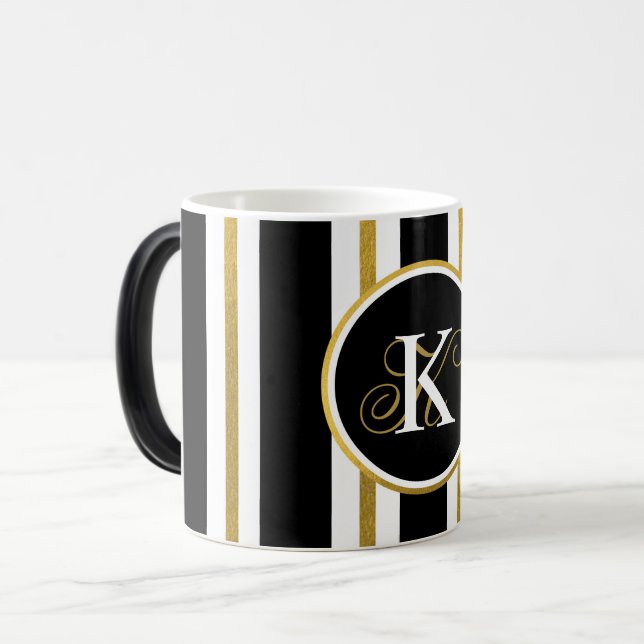 Caneca Mágica Monograma Personalizado de Stripes Negras e Dourad (Frente Esquerda)