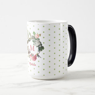 Caneca Mágica Monograma Vintage Bolinhas Florais & Bird Wreath