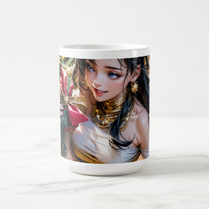 Caneca Mágica mulher num vestido de ouro segurando uma rosa verm