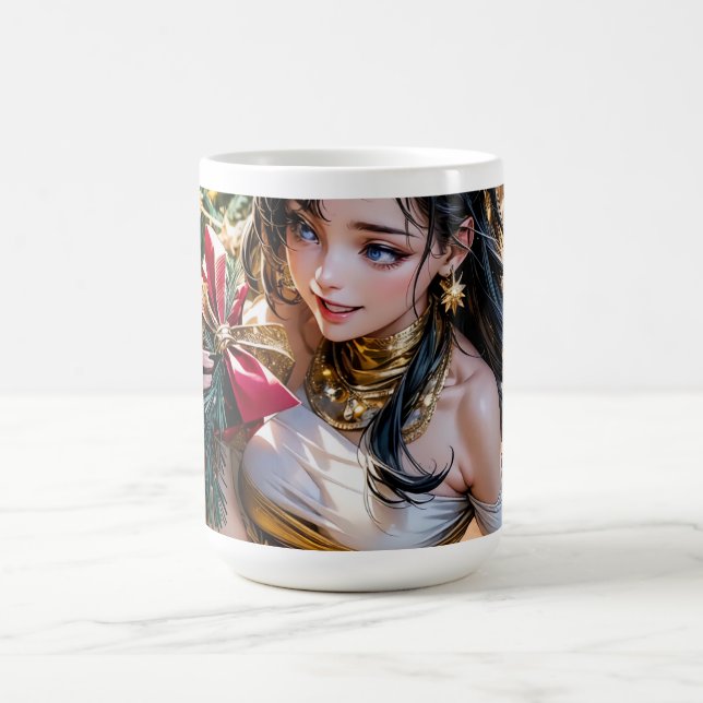 Caneca Mágica mulher num vestido de ouro segurando uma rosa verm (Center)