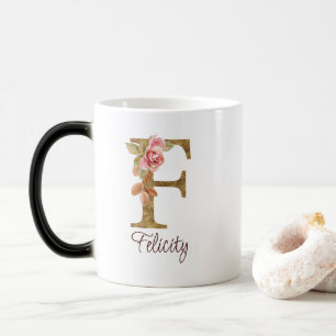 Caneca Mágica Nome Personalizado Letra F Folha Dourada Rosas Ros