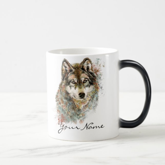 Caneca Mágica Nome personalizado ou Wolf de texto aquarela anima (Direita)