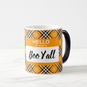 Caneca Mágica Olá Meu nome é Boo Y Nametag Orange Xadrez
