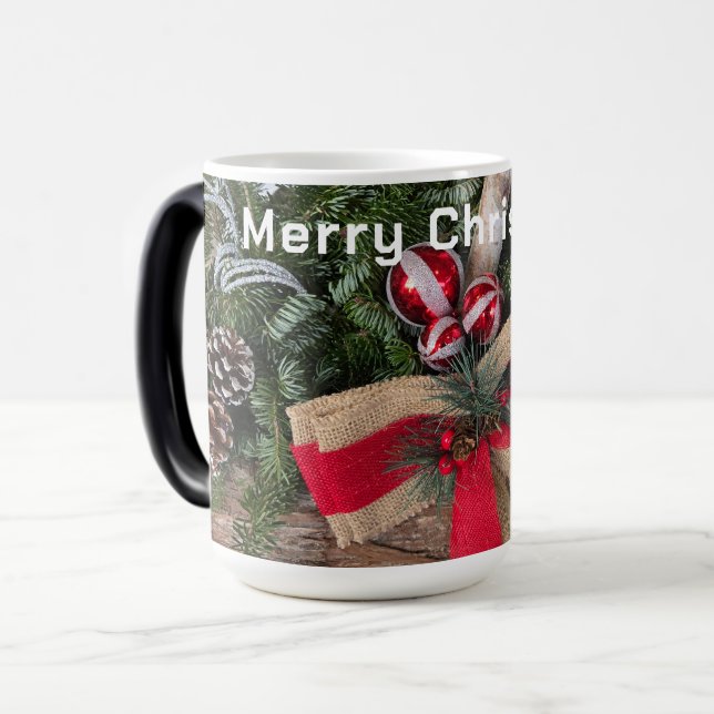 Caneca Mágica Ornamentos de Arco Vermelho Feliz Natal Ramos (Frente Esquerda)